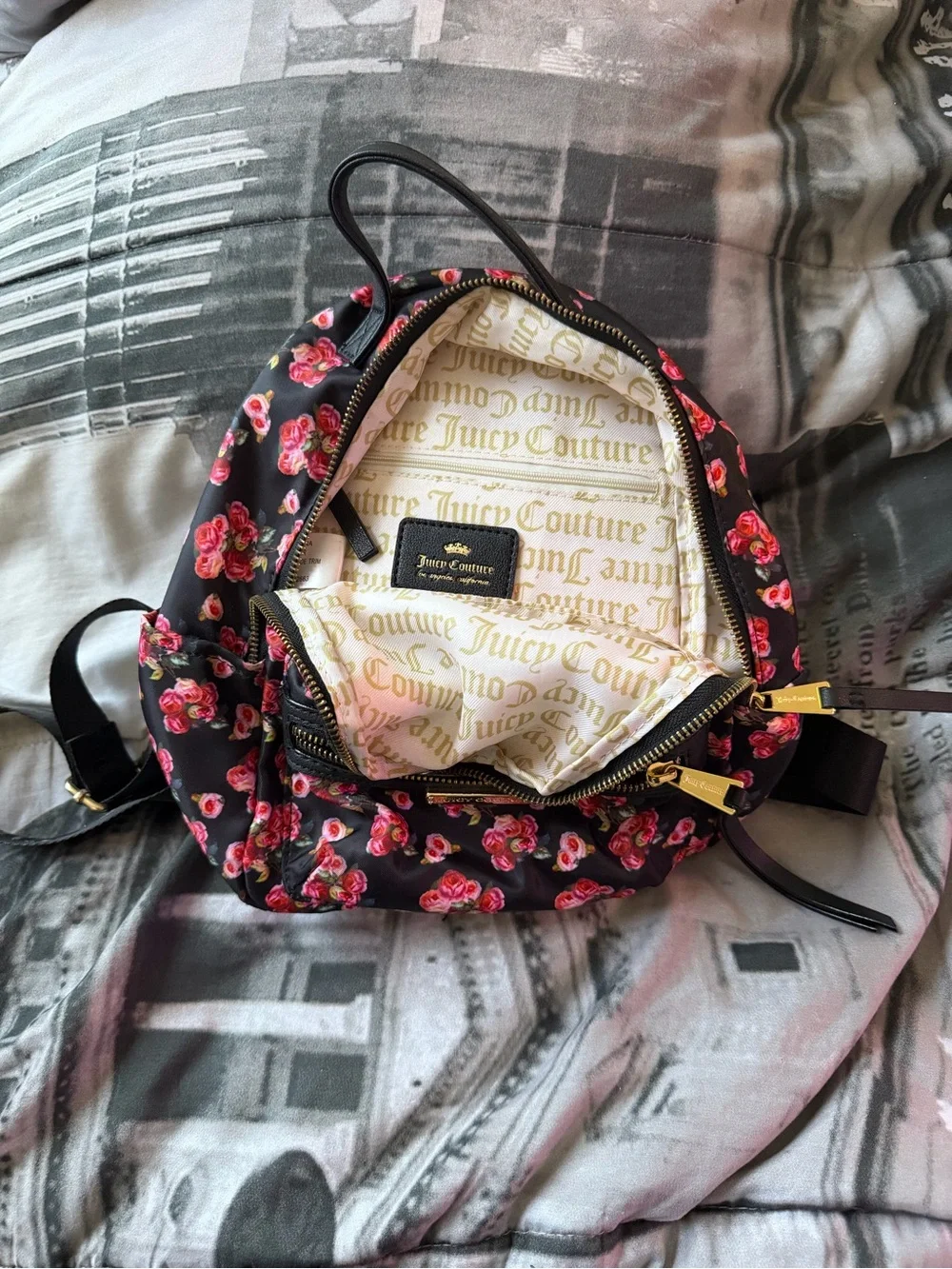 Juicy Couture Black Mini Backpack with Pink Rose Print